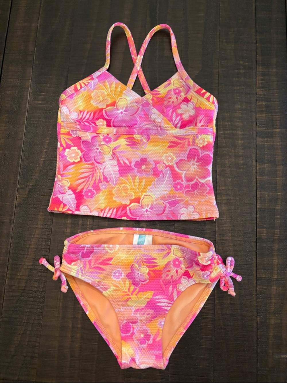 Girls Floral Tankini Swim Set in Pink & Orange